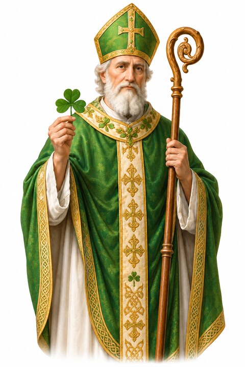 Saint Patrick holding a shamrock and crozier